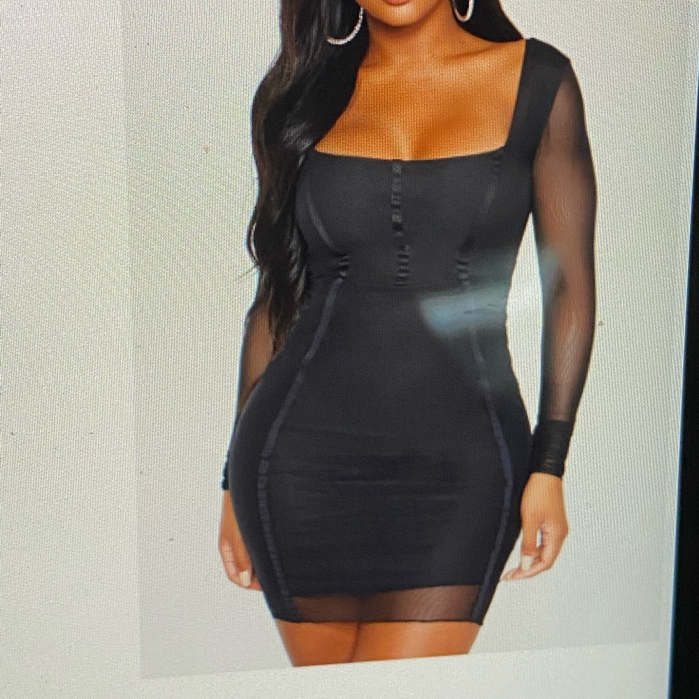 Shape black sheet mesh neck detail dress